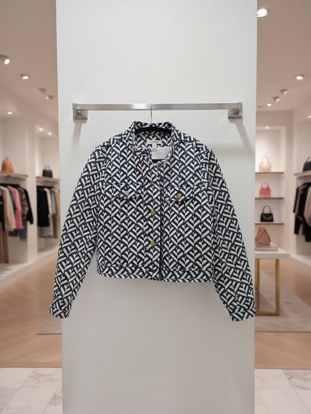Ann Taylor Weekend Petite Size 8 Navy & White Geometric Print Jean Jacket Gold